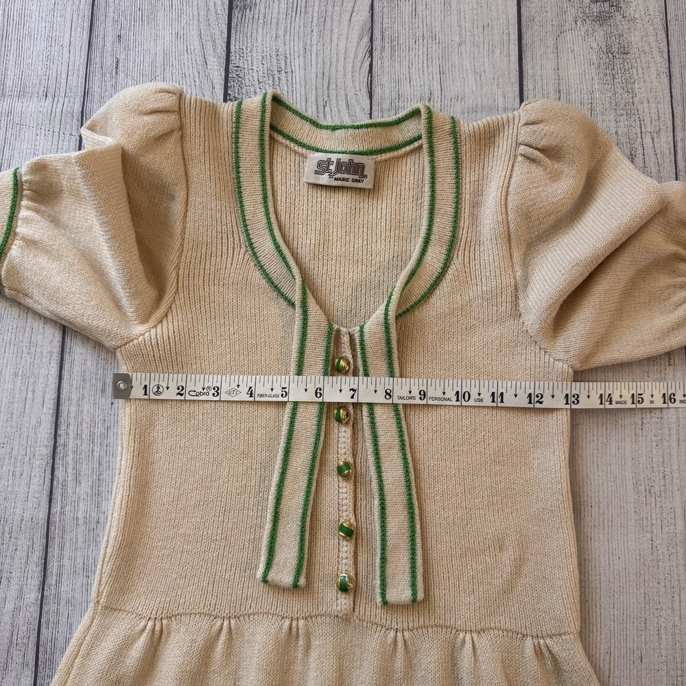 St John Santana Knit Vintage Midi Dress Cream Green Gold Button Puff Sleeve S - Picture 6 of 11